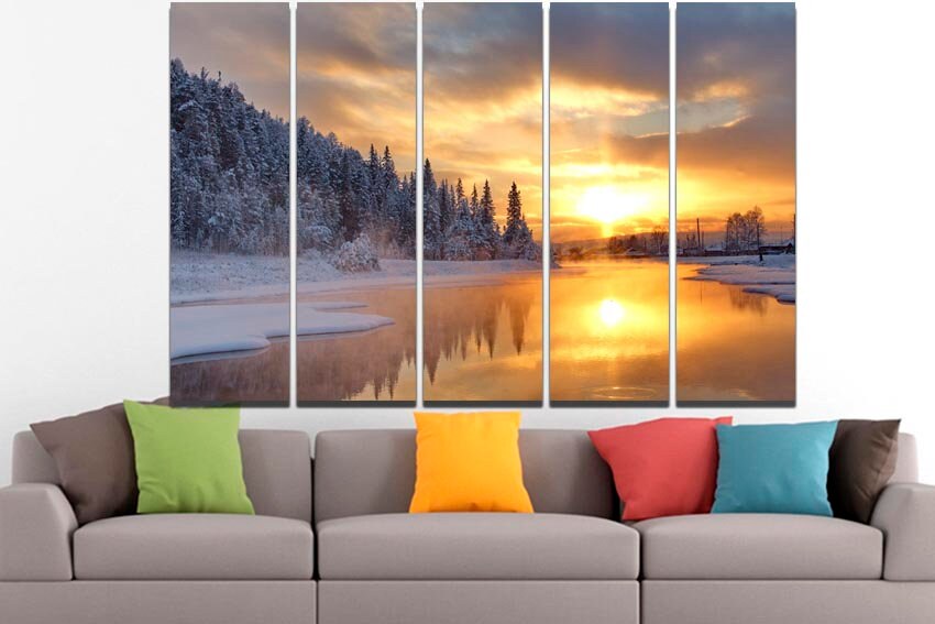 Winter forest wall decor Lake print Nature art Sunrise photo