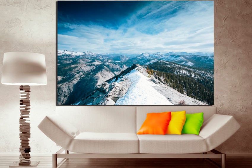 Mountains print Nature decor Stretched print Forest art Snow photography Landscape wall art Nature photo