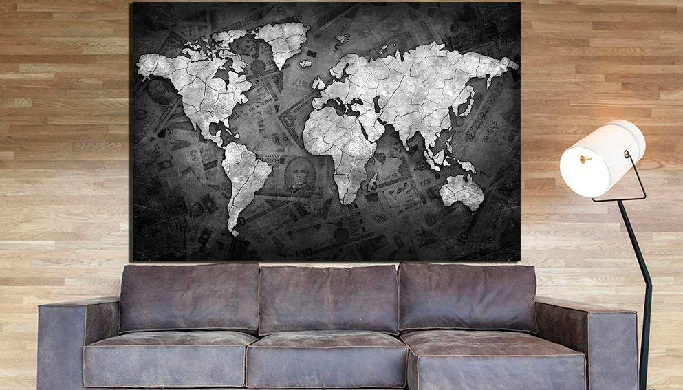 World map money canvas Wall hangings print Black white photo