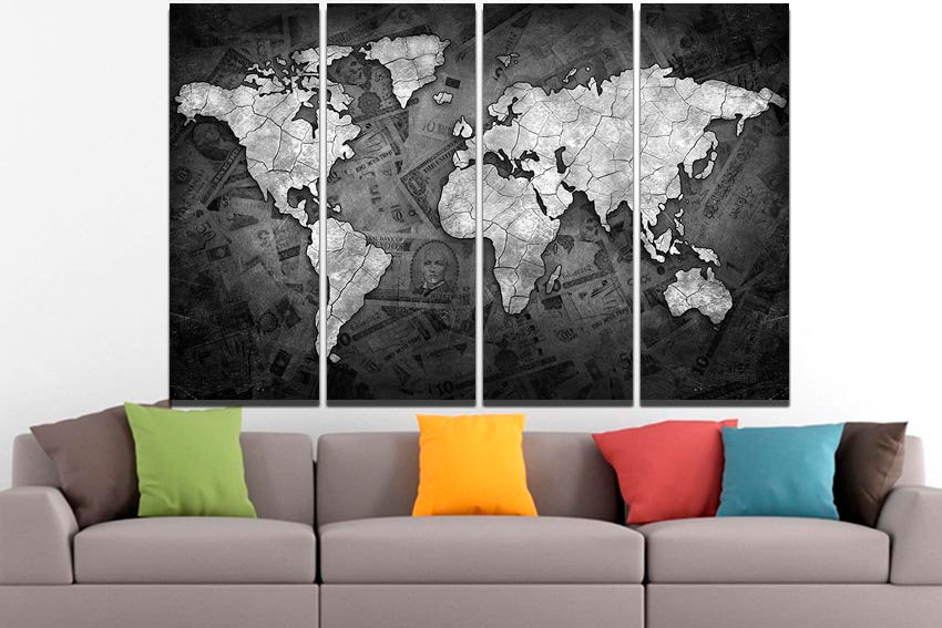 World map money canvas Wall hangings print Black white photo