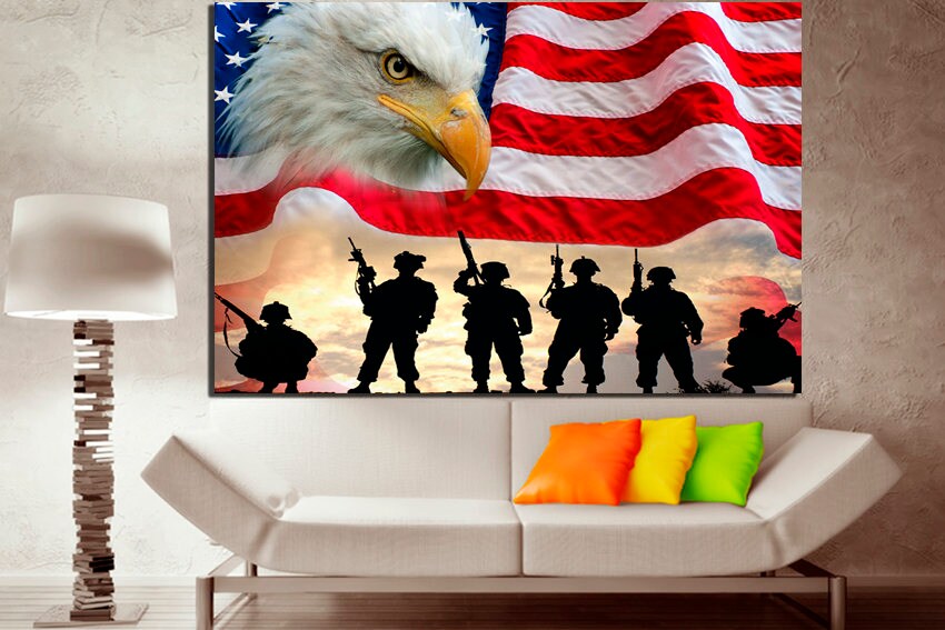 United States flag print American flag canvas Flag art American flag art Flag US Eagle Soldier National symbol Print on canvas Hand made