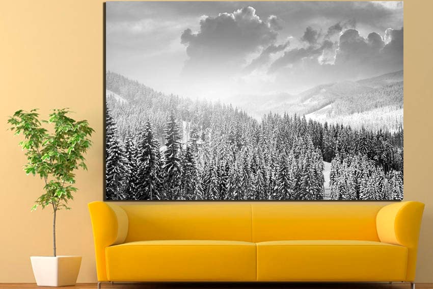 Snow print Trees wall art Mountains decor Nature Forest canvas