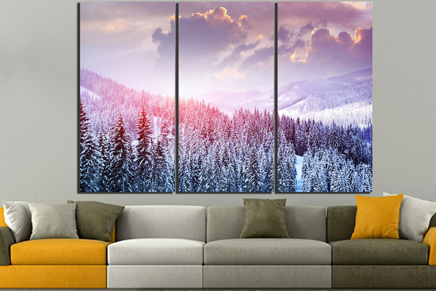 Snow print Trees wall art Mountains decor Nature Forest canvas