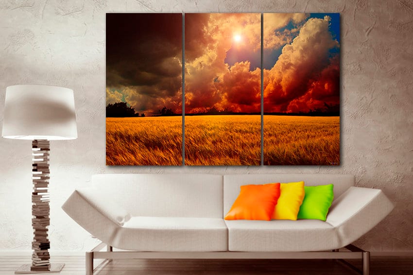 Field canvas Golden wheat Nature wall decor Multi panel hanging Waves grain Autumn Farm photo