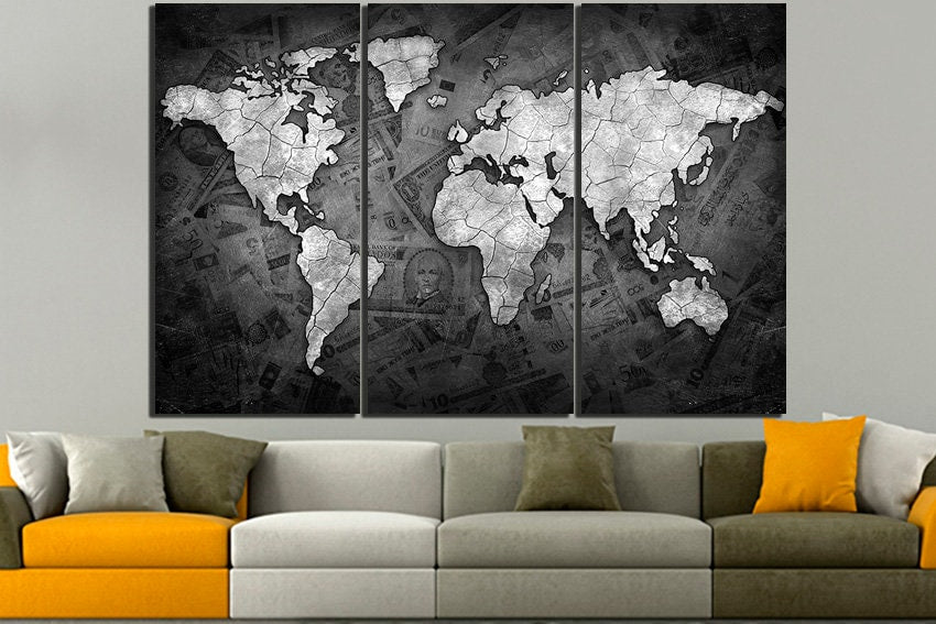 World map money canvas Wall hangings print Black white photo