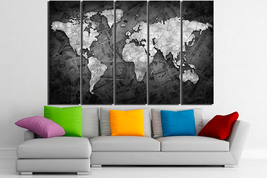 World map money canvas Wall hangings print Black white photo
