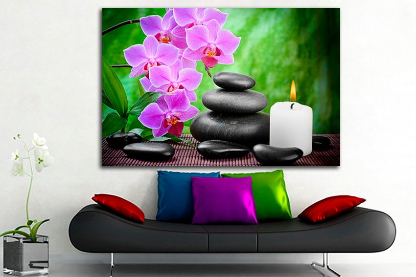Orchid canvas art Pink flowers decor Gift for yoga Spa stones print Yoga Relax ready to hang