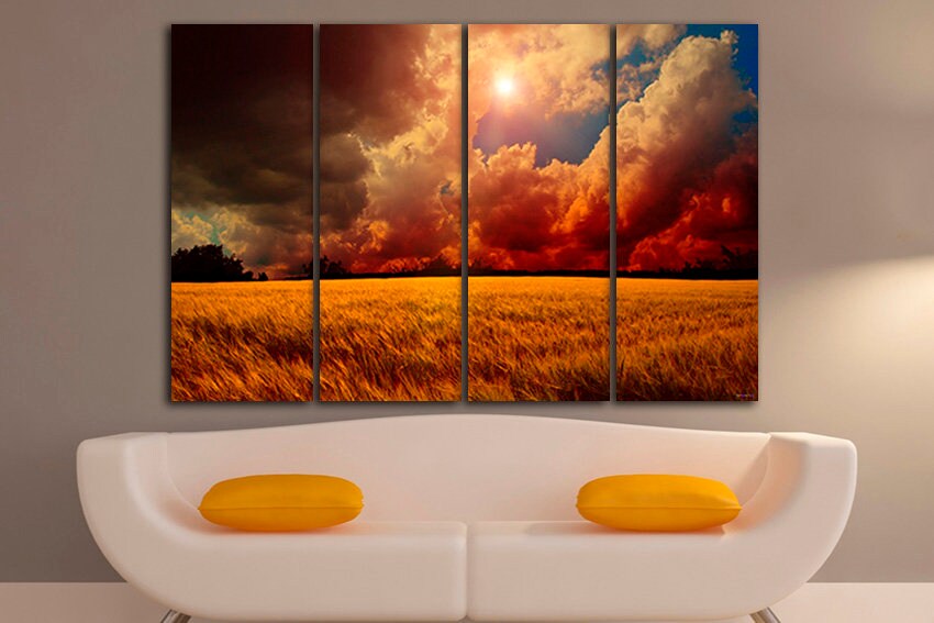 Field canvas Golden wheat Nature wall decor Multi panel hanging Waves grain Autumn Farm photo