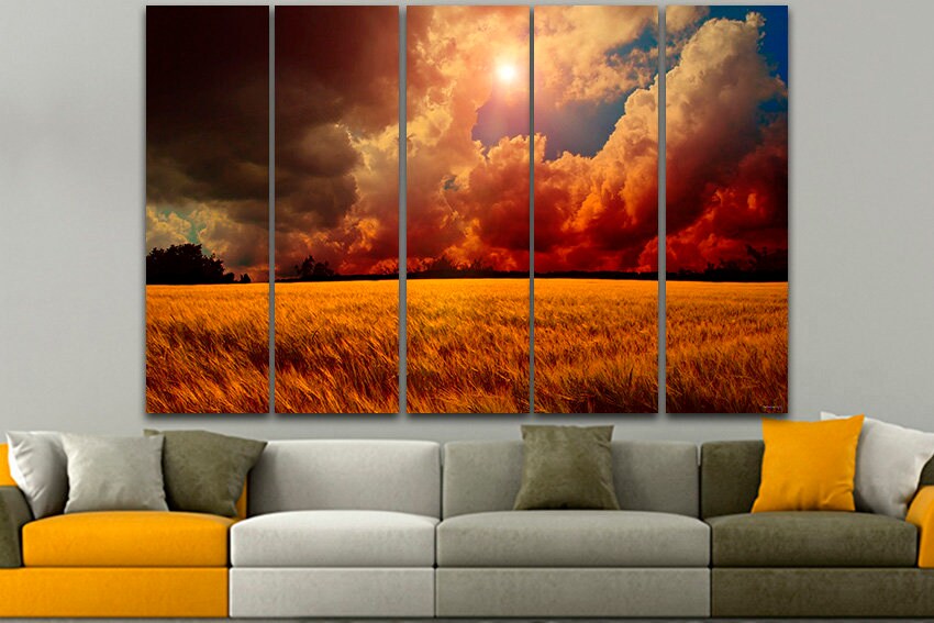 Field canvas Golden wheat Nature wall decor Multi panel hanging Waves grain Autumn Farm photo