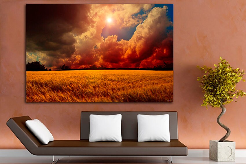 Field canvas Golden wheat Nature wall decor Multi panel hanging Waves grain Autumn Farm photo
