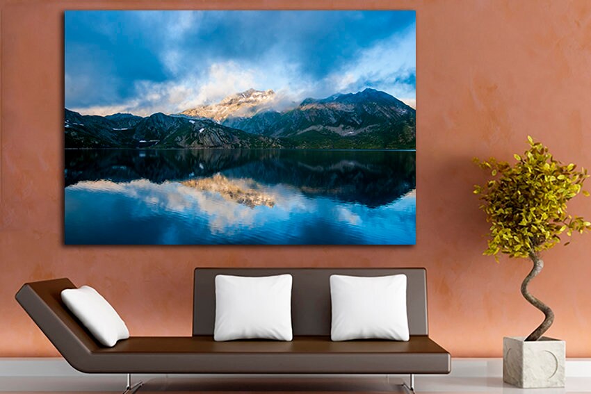 Mountains print Lake canvas art Wall hanging Switzerland Nature decor Colorful print