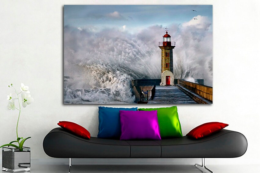 Ludington lighthouse Landscape art Michigan print Waves nature canvas