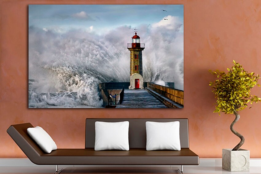 Ludington lighthouse Landscape art Michigan print Waves nature canvas
