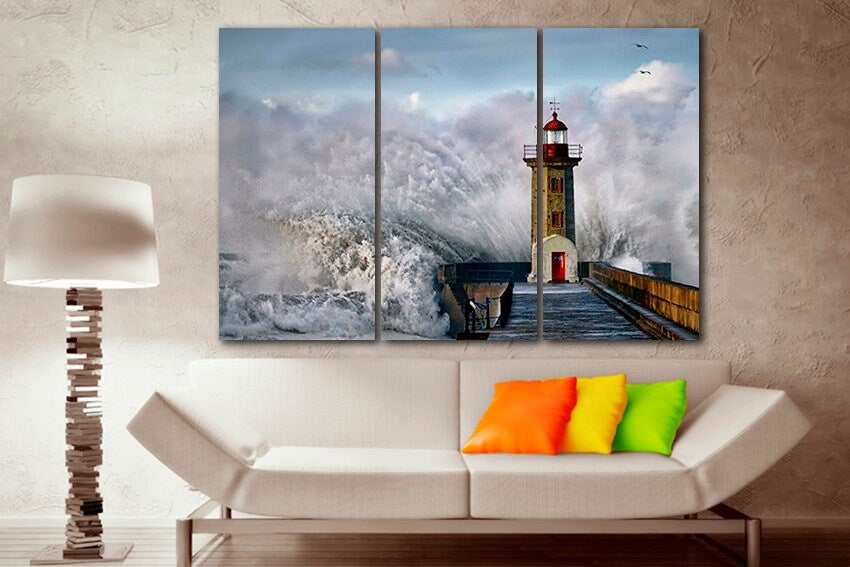 Ludington lighthouse Landscape art Michigan print Waves nature canvas