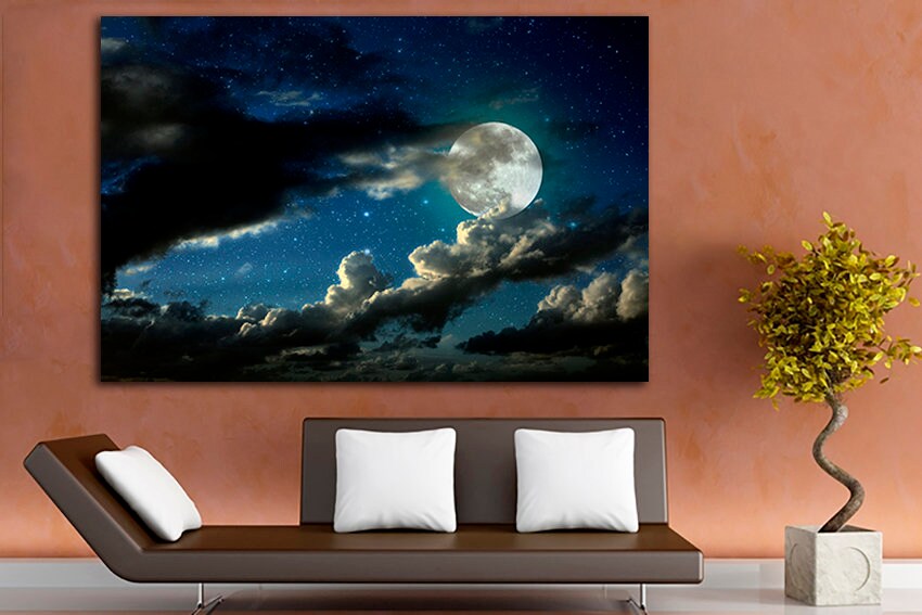 Night landscape sky art Moon canvas print Nature home decor Hanging frame set Stars sky nursery