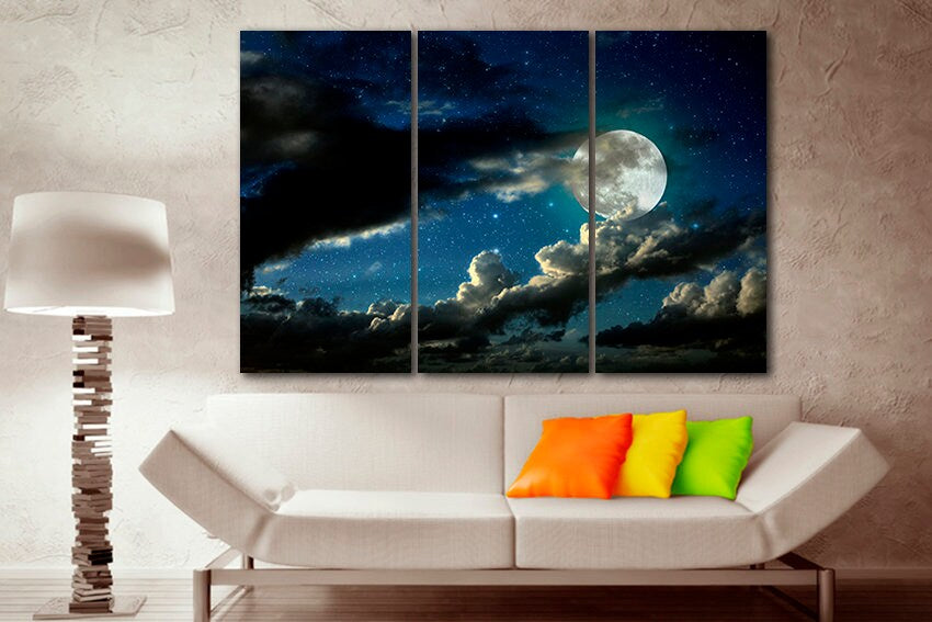 Night landscape sky art Moon canvas print Nature home decor Hanging frame set Stars sky nursery