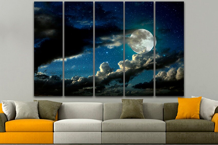 Night landscape sky art Moon canvas print Nature home decor Hanging frame set Stars sky nursery