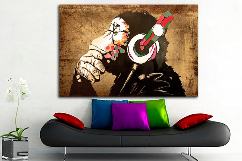 Monkey canvas Mural art print Music home wall decor graffiti Headphones art Grunge