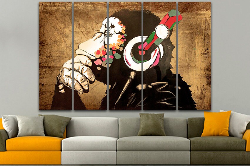Monkey canvas Mural art print Music home wall decor graffiti Headphones art Grunge