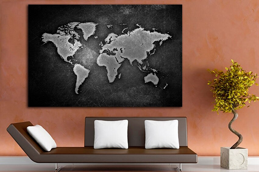 World map print Black and white canvas ready to hang