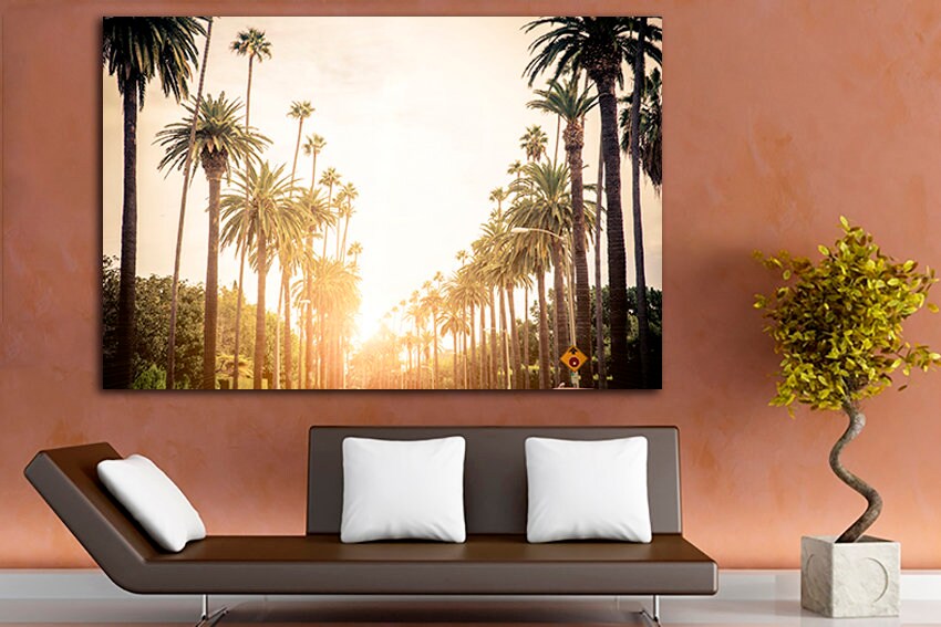 Los Angeles print LA cityscape canvas Travel decor California wall art Palm tree artwork