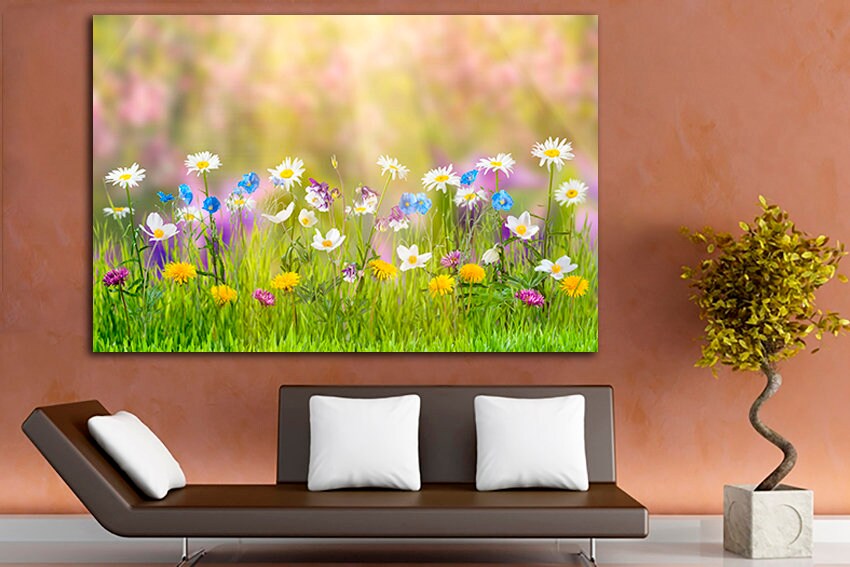 Field of flowers art Floral canas Spring decor Chamomile photo