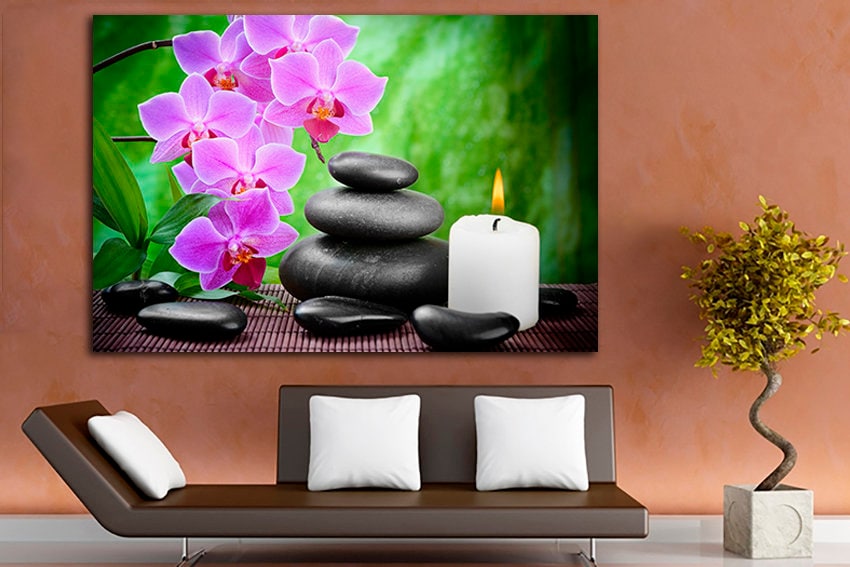 Orchid canvas art Pink flowers decor Gift for yoga Spa stones print Yoga Relax ready to hang