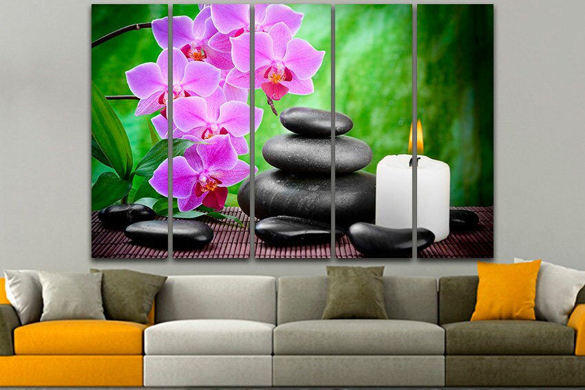 Orchid canvas art Pink flowers decor Gift for yoga Spa stones print Yoga Relax ready to hang
