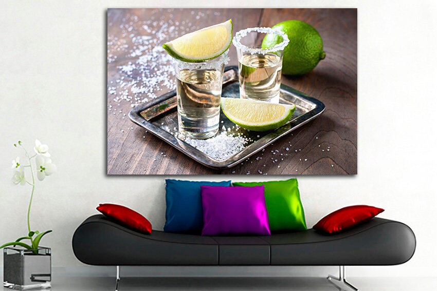 Tequila print Alcohol wall art Bar decor Kitchen canvas Mexican fiesta Gift for boyfriend Lime photo
