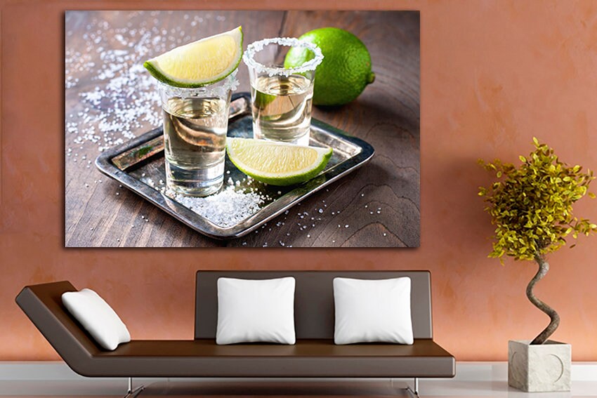 Tequila print Alcohol wall art Bar decor Kitchen canvas Mexican fiesta Gift for boyfriend Lime photo