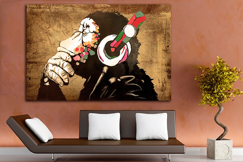 Monkey canvas Mural art print Music home wall decor graffiti Headphones art Grunge