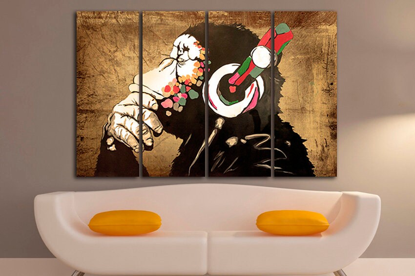 Monkey canvas Mural art print Music home wall decor graffiti Headphones art Grunge