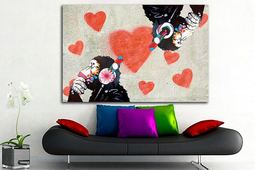 Monkey wall art Street decor Dj gift Colorful stretched canvas Graffiti art prints Large wall art Music picture Letterpress decor