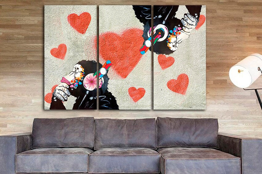 Monkey wall art Street decor Dj gift Colorful stretched canvas Graffiti art prints Large wall art Music picture Letterpress decor