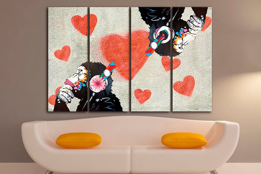 Monkey wall art Street decor Dj gift Colorful stretched canvas Graffiti art prints Large wall art Music picture Letterpress decor