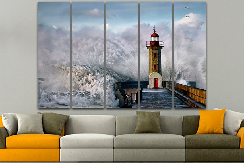 Ludington lighthouse Landscape art Michigan print Waves nature canvas