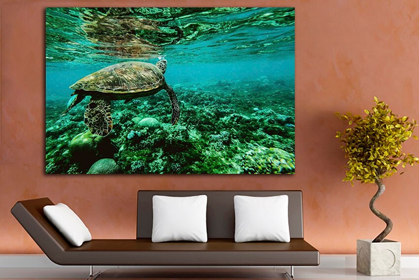 Turtle Animals decor Ocean life print Sea wall art Coral reef art Panoramic