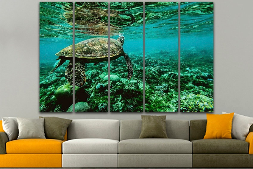 Turtle Animals decor Ocean life print Sea wall art Coral reef art Panoramic