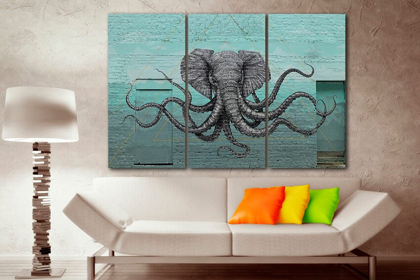 Elephant octopus Gallery wall set Graffiti art canvas Ready to hang