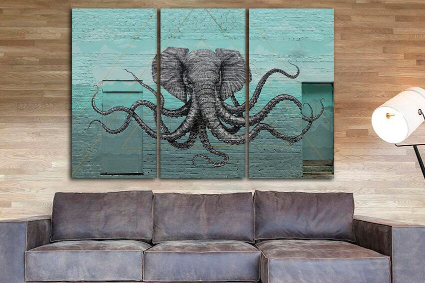 Elephant octopus Gallery wall set Graffiti art canvas Ready to hang