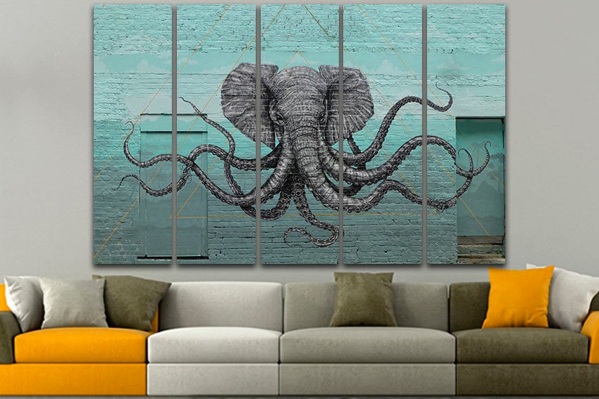 Elephant octopus Gallery wall set Graffiti art canvas Ready to hang