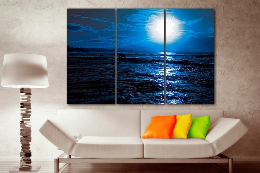 Sea wall art Moon decor Surfer canvas set Landscape print nature artwork
