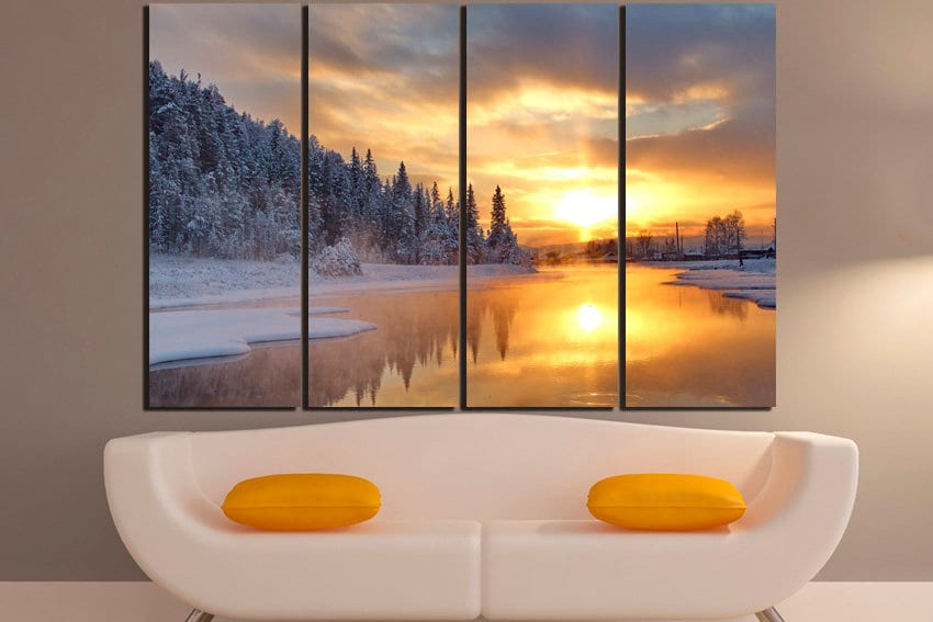 Winter forest wall decor Lake print Nature art Sunrise photo