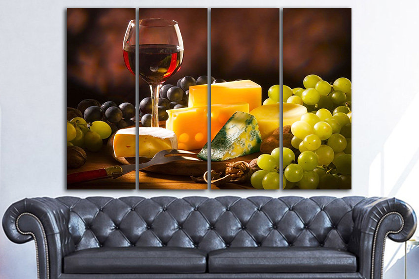 Red wine print on canvas Cheese decor Grapes art Wine kitchen gift Alcohol drink bar