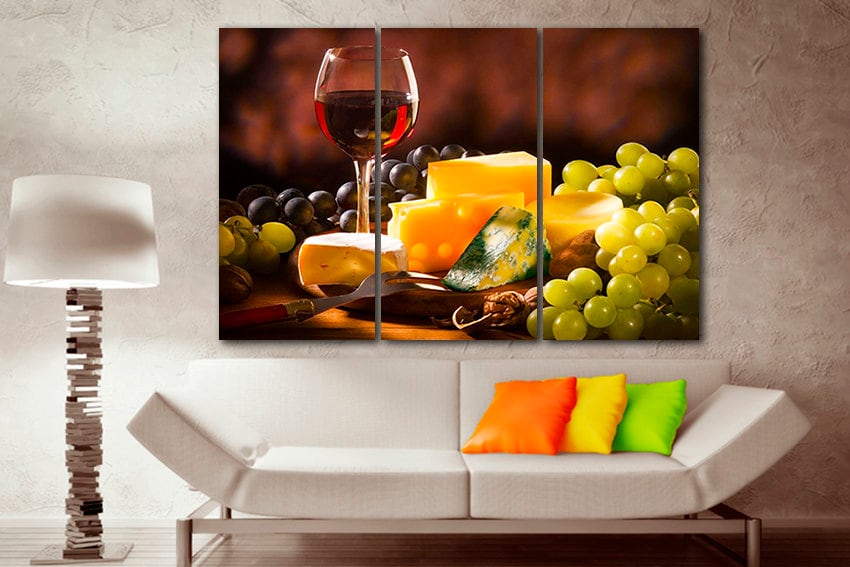 Red wine print on canvas Cheese decor Grapes art Wine kitchen gift Alcohol drink bar
