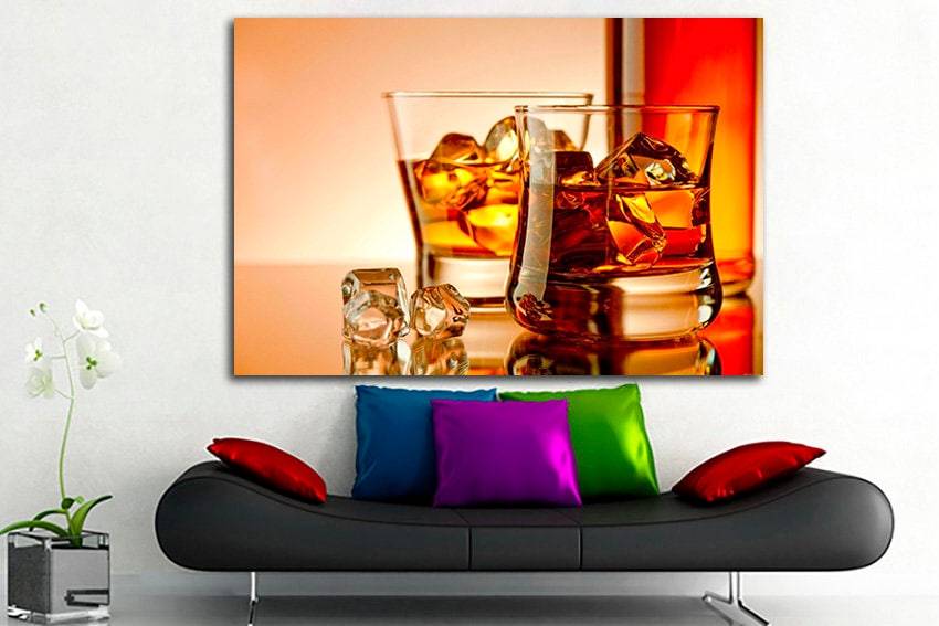Glass whisky with ice wall art Alcoholic decor Kitchen canvas