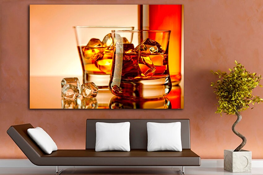 Glass whisky with ice wall art Alcoholic decor Kitchen canvas