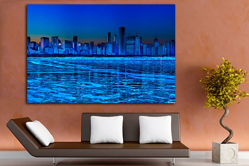 Framed night city Chicago Canvas lake decor Travel print