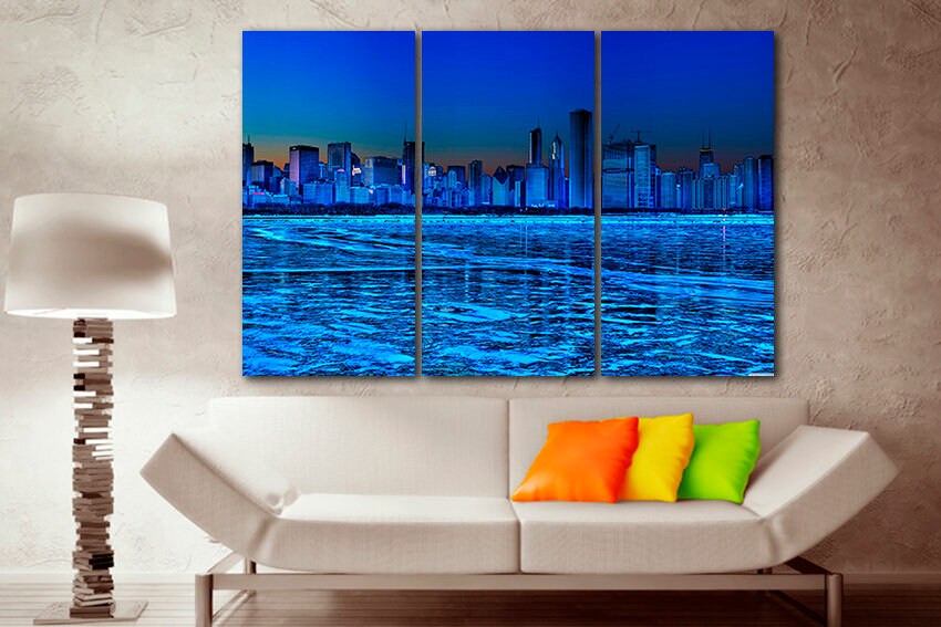 Framed night city Chicago Canvas lake decor Travel print