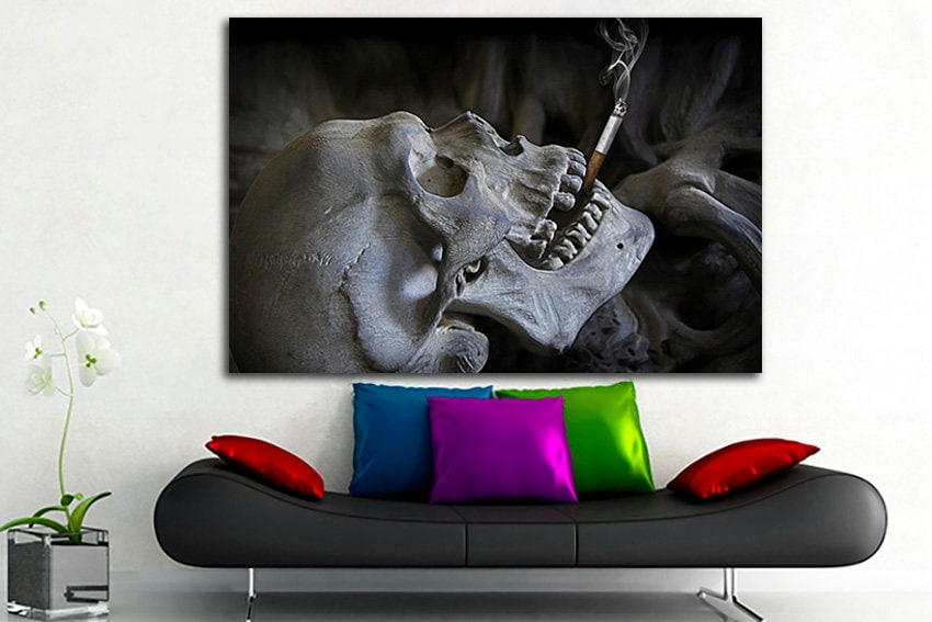 Wall art canvas Skull with cigarette Skull home decor Skull gift Watercolor skull Framed skull Human anatomy art Skull photo Skull canvas